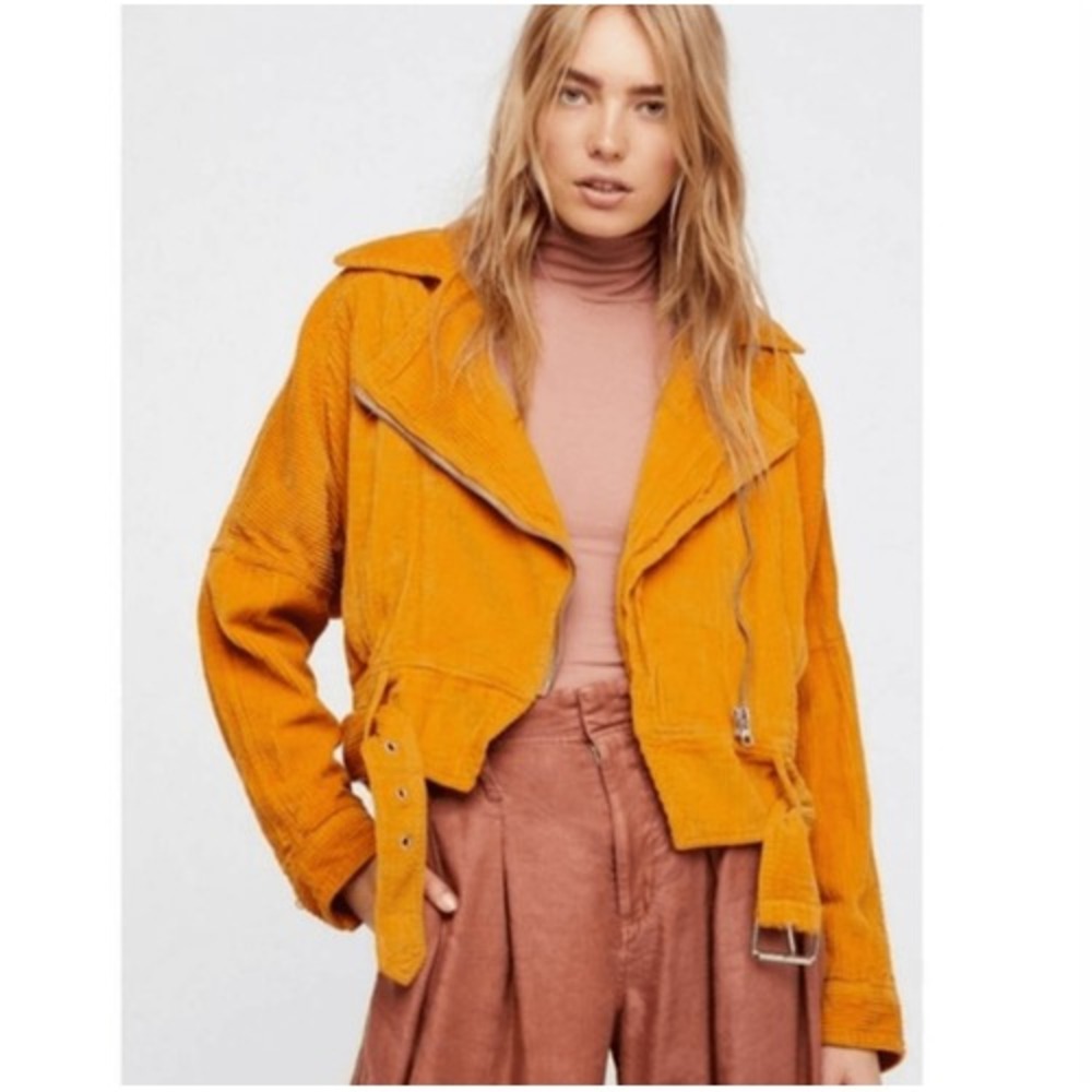 Free People Mustard Slouchy Dolman Corduroy Moto Jacket Sz XS Mustard Yellow